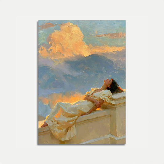 Poster: Mulher Olhando Nuvens Douradas