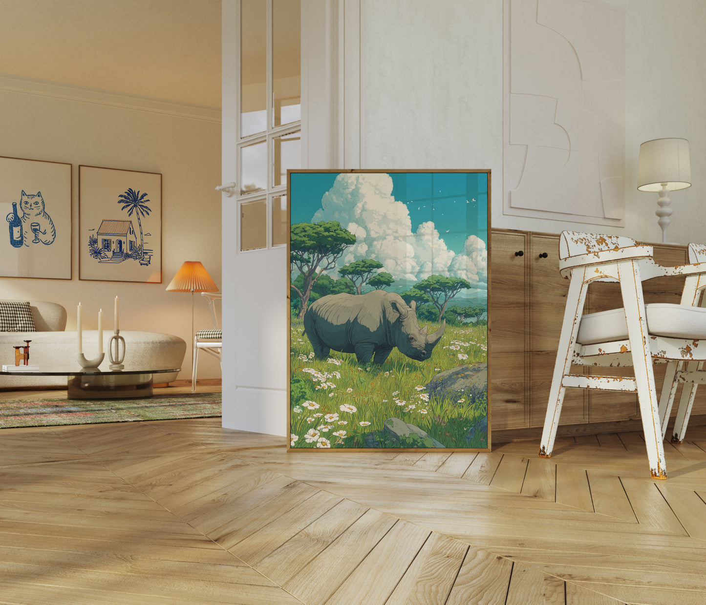 Póster de la tranquila pradera de rinocerontes