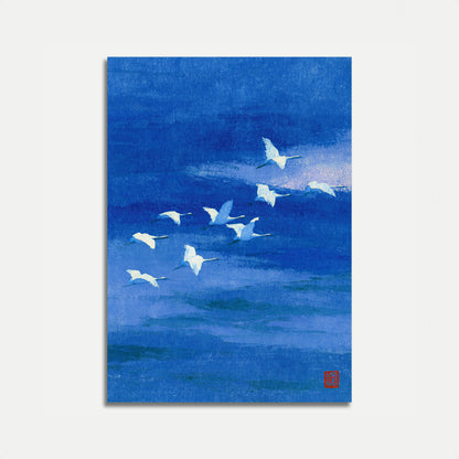 Flying Cranes Over Blue Water Poster
