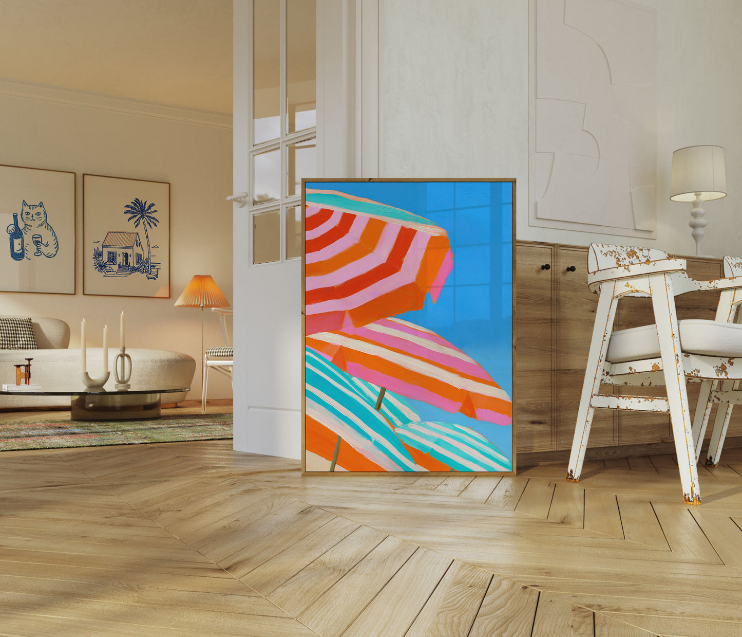 Bunt gestreifte Sonnenschirme Plakat
