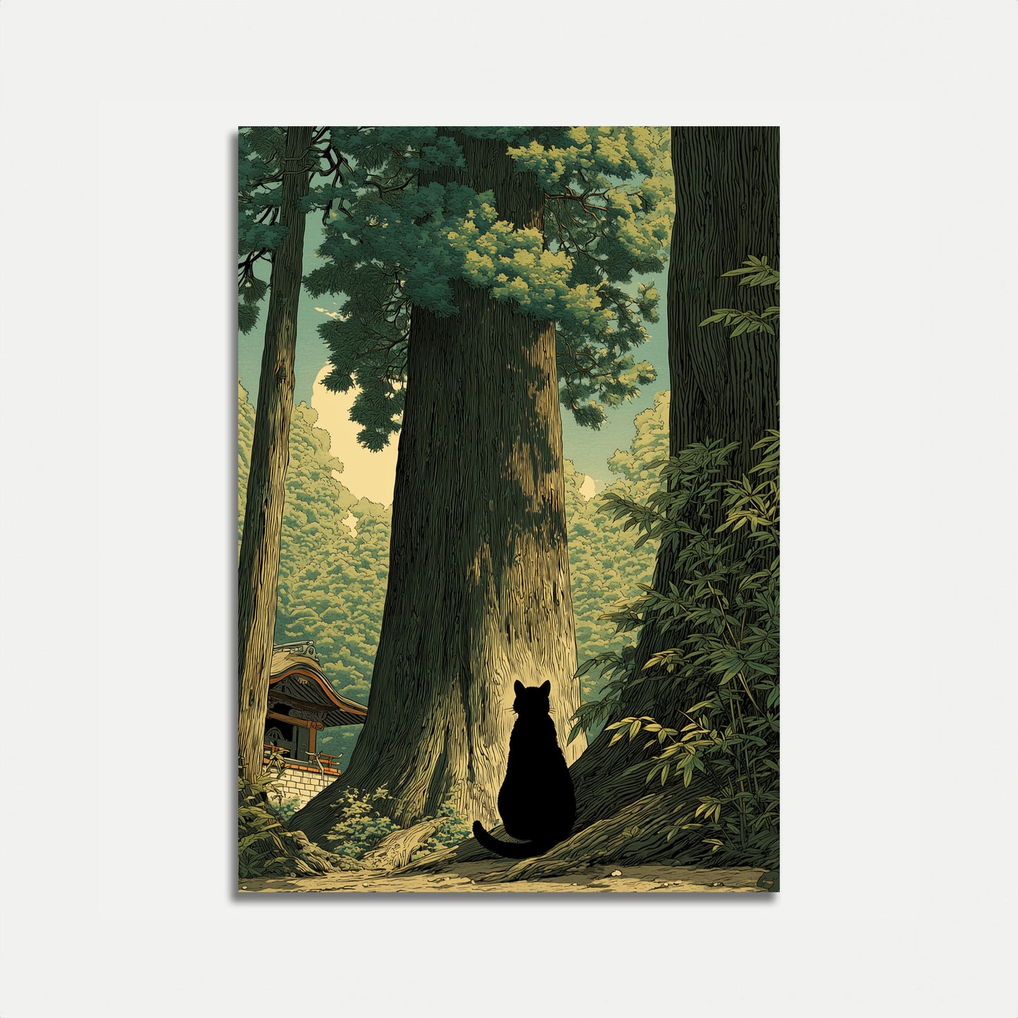 Schwarze Katze Waldtempel Plakat