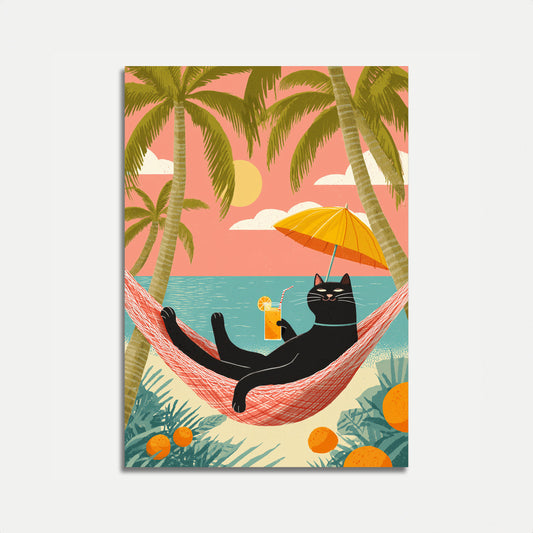 Strandkatt Relaxar i Hängmatta Poster
