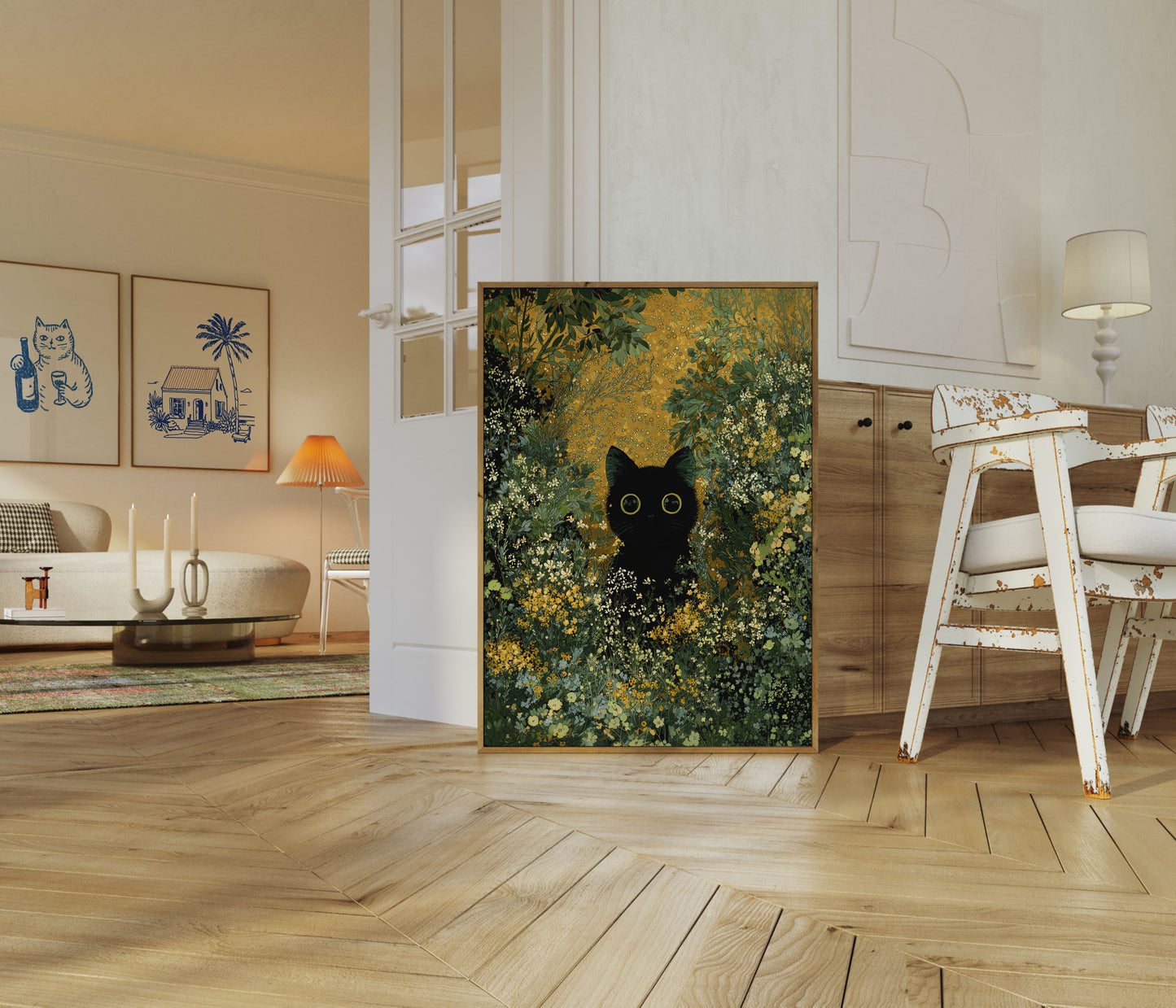 Black Cat in Flower Garden Poster