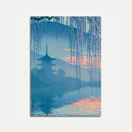 Japanischer Tempel bei Sonnenuntergang Poster