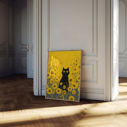 Black Cat in Sunflower Field Poster