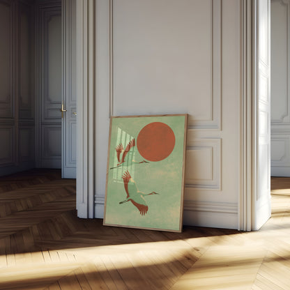 Flying Cranes and Red Sun Poster
