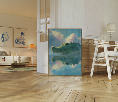 Póster de paisaje onírico de cocodrilo reflexivo