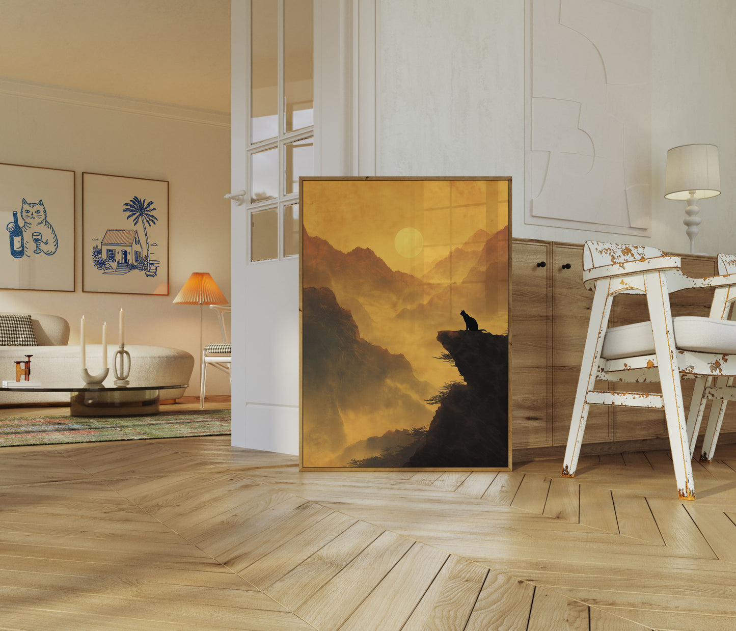 Pôster Silhueta de Gato de Montanha ao Pôr do Sol