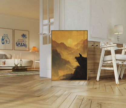 Pôster Silhueta de Gato de Montanha ao Pôr do Sol