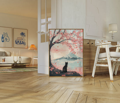 Póster del Monte Fuji con un gato sereno