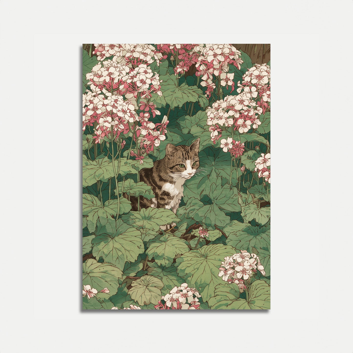 Tabby Cat in Flower Garden Poster