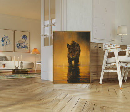 Affiche Jaguar Marchant dans l'Eau Dorée