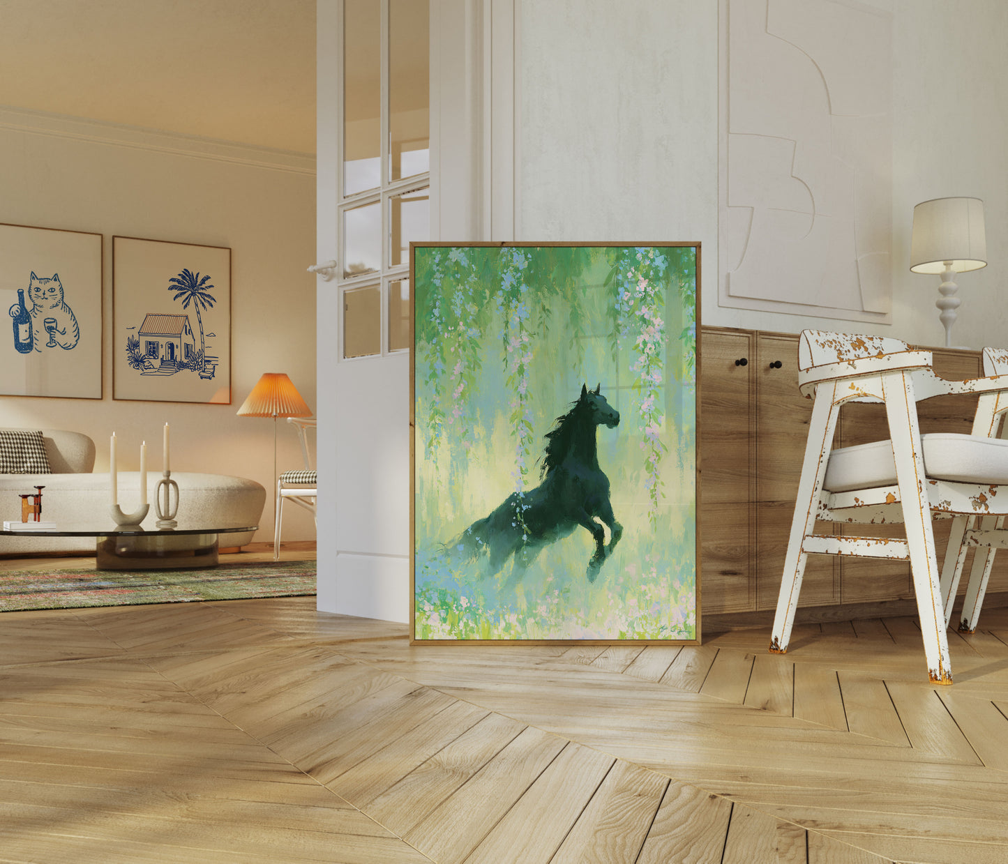 Black Horse in Wisteria Garden Poster