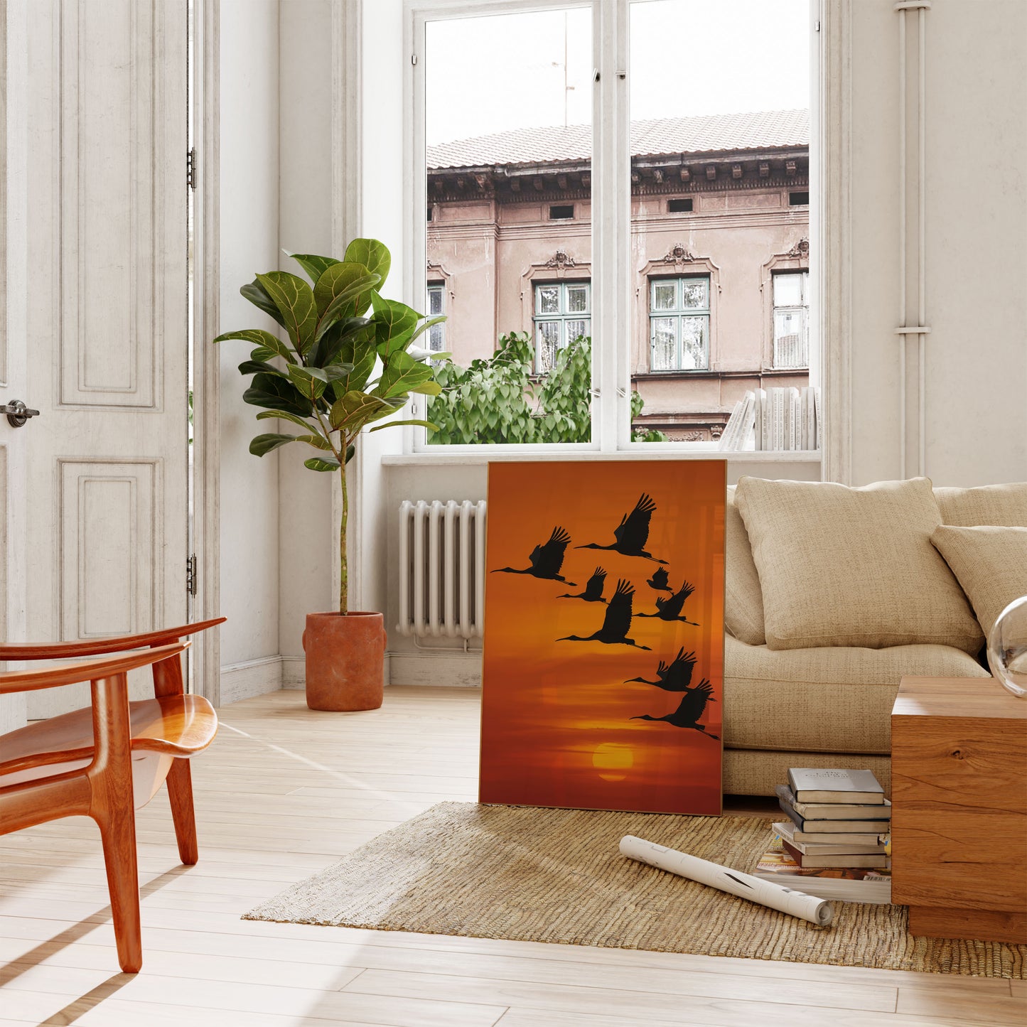 Póster de Grúas Volando al Atardecer