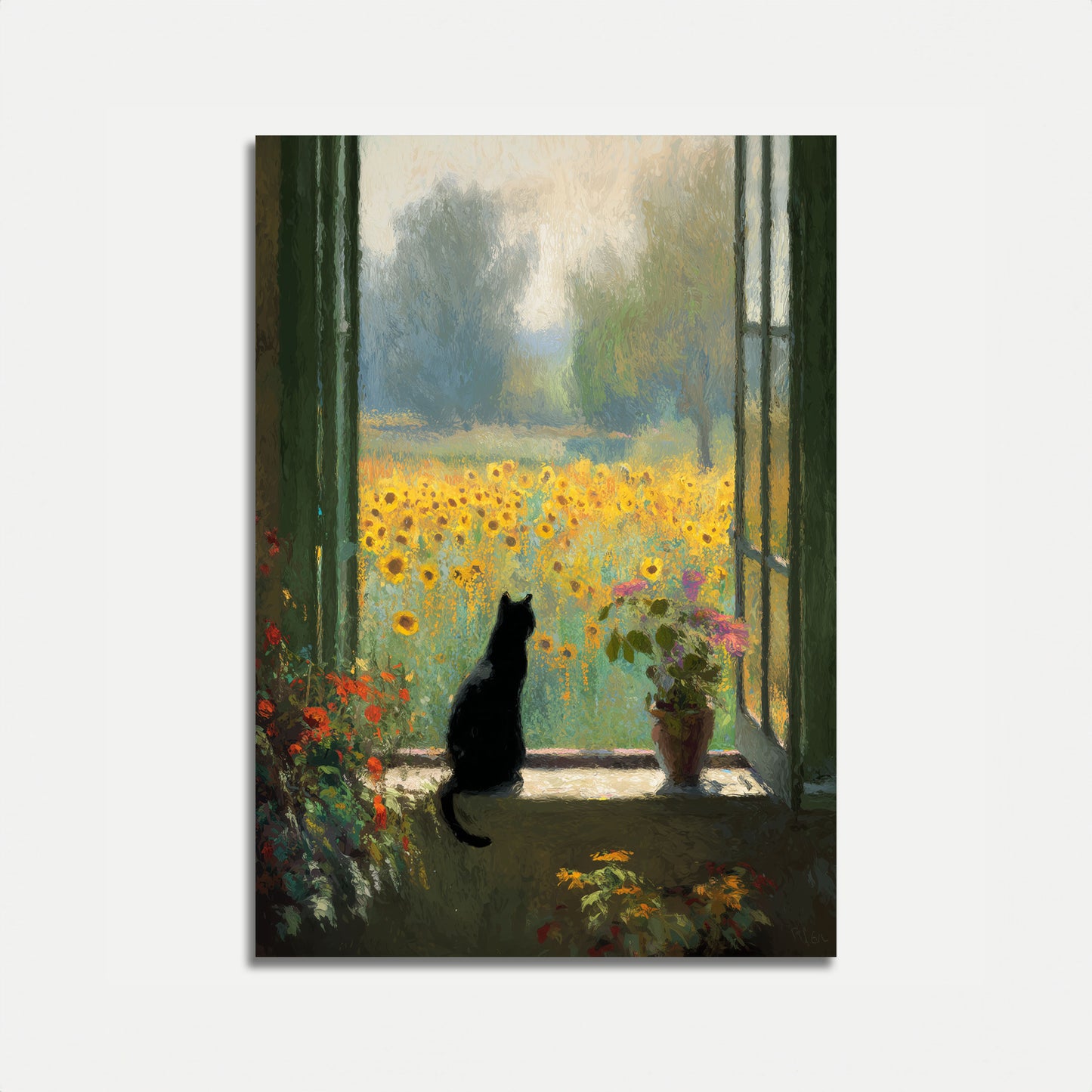 Sunflower Cat Window View Poster
