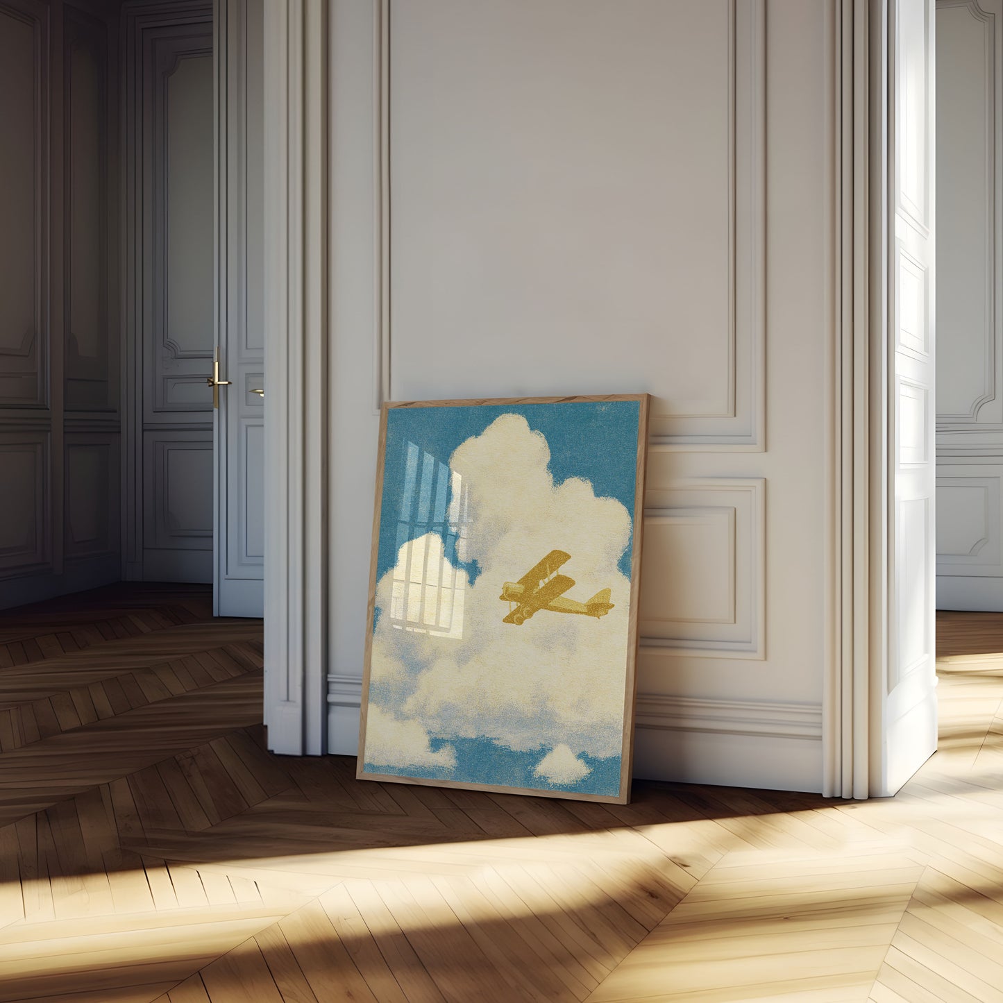 Golden Biplane Through Clouds Poster