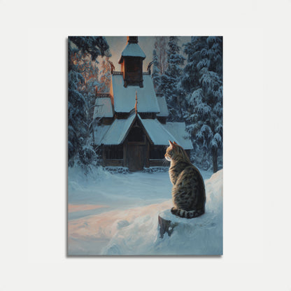 Vinter Kyrko Katt Kontemplation Affisch