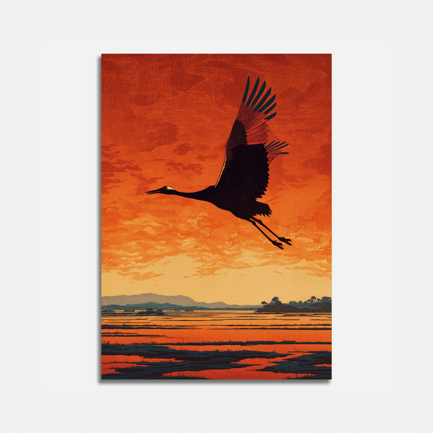 Póster de Grúa Despegando al Atardecer