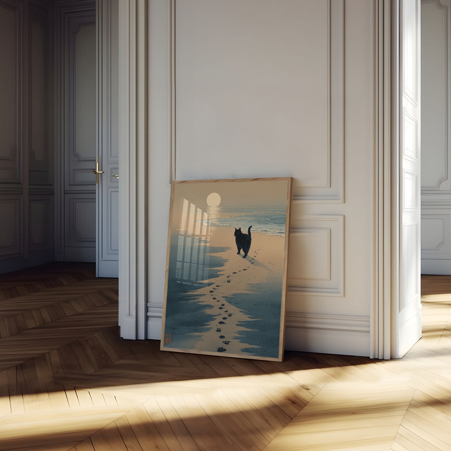 Svart Katt Strand Solnedgång Affisch