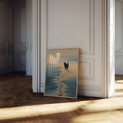 Svart Katt Strand Solnedgång Affisch