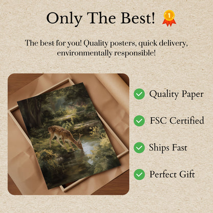 Hert Drinkend bij Bosbeek Poster