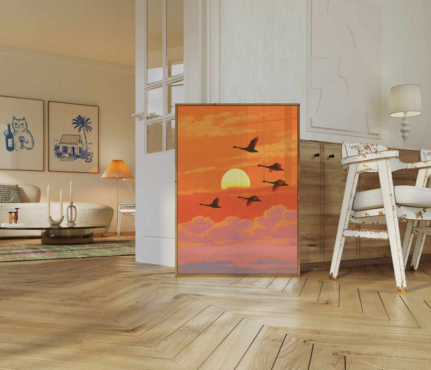 Swans Flying Into Sunset Poster