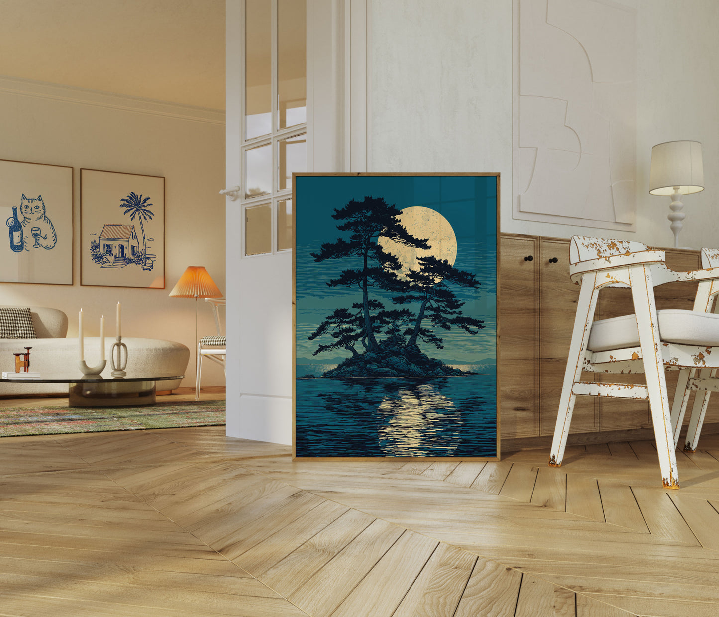 Pôster da Árvore Iluminada pela Lua à Beira-Mar