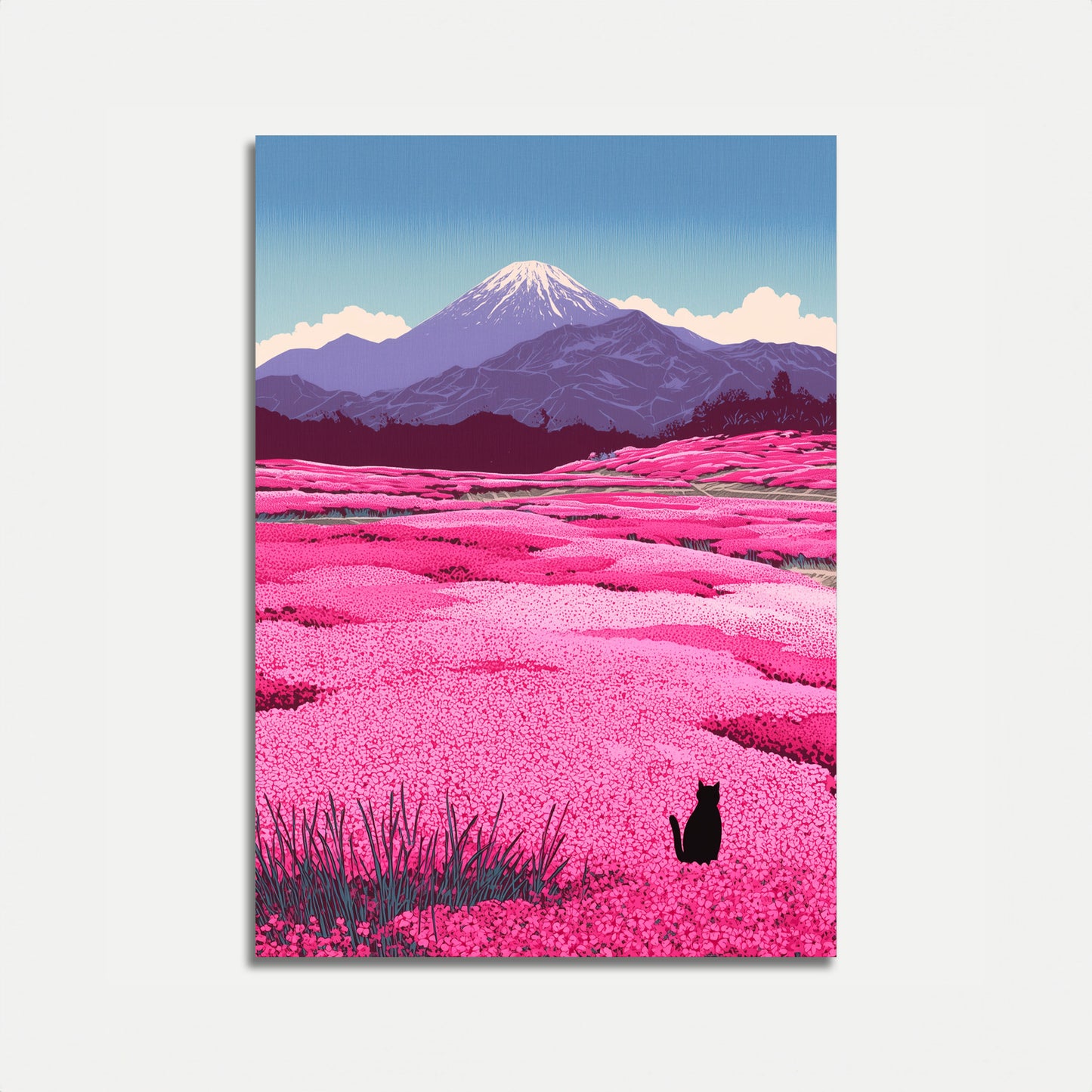 Schwarze Katze im rosa Blumenfeld Poster