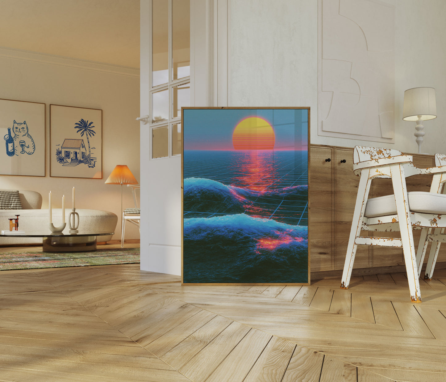 Synthwave Sonnenuntergang Ozeanwellen Poster