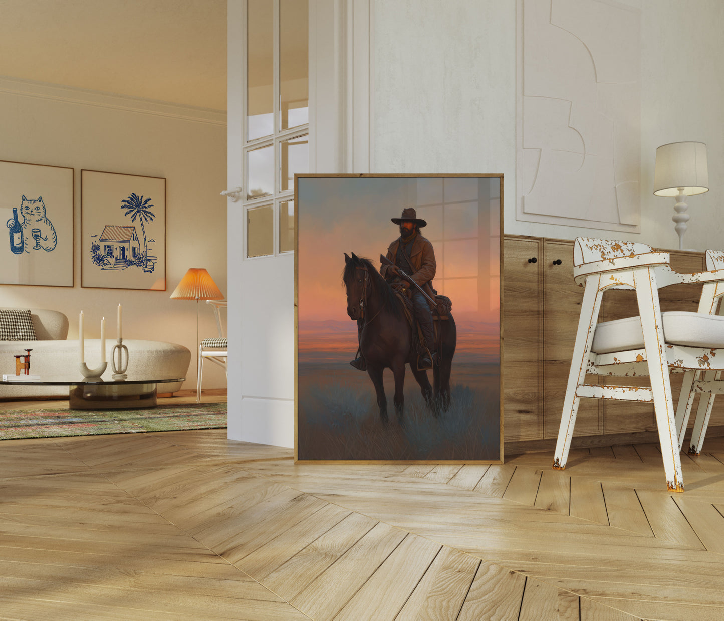 Solnedgangs Cowboy Vildmark Plakat