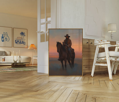 Solnedgangs Cowboy Vildmark Plakat