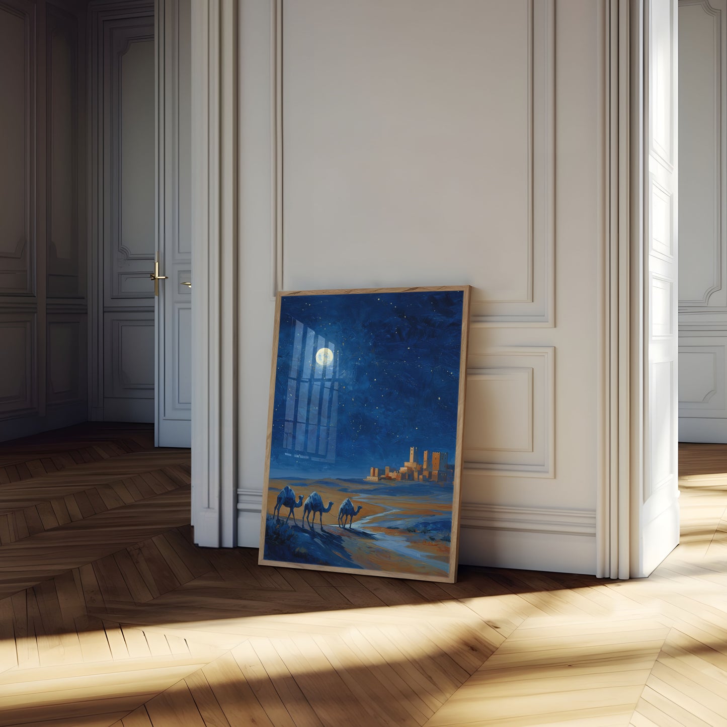 Plakát Měsícem ozářené pouštní cesty na velbloudovi