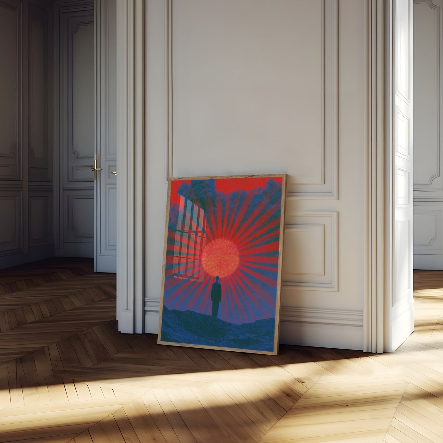 Plakat: Einsame Gestalt der Sonne zugewandt