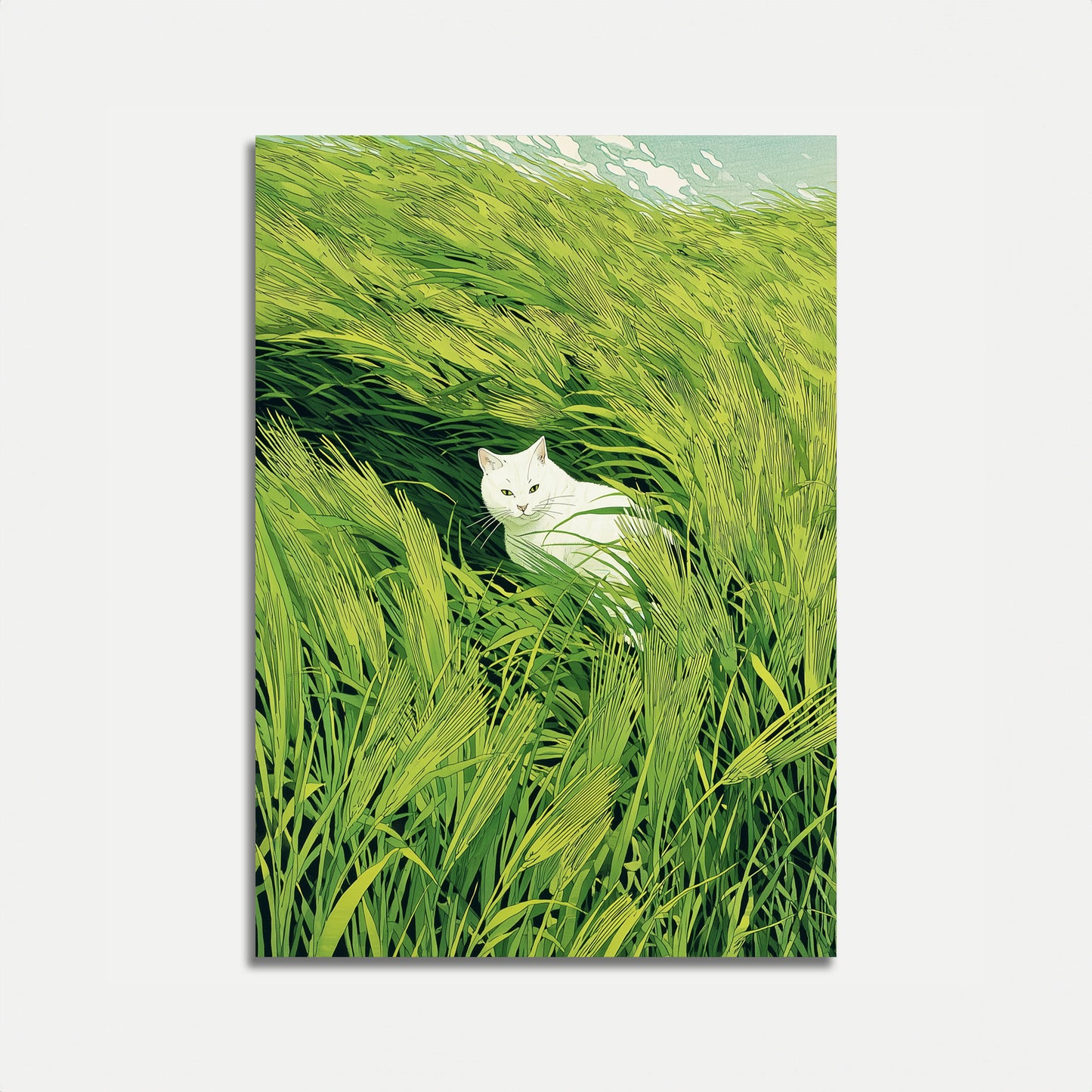 Póster de Gato Blanco en Hierba Alta