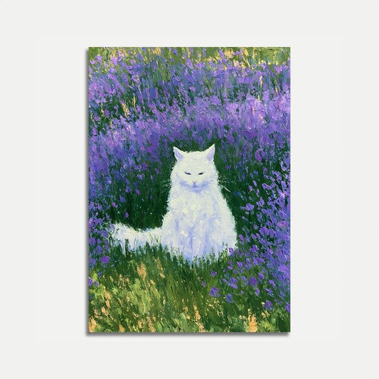 Pôster Gato Branco em Campos de Lavanda
