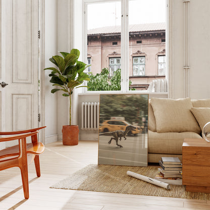 Póster de carreras de dinosaurios en las calles de la ciudad