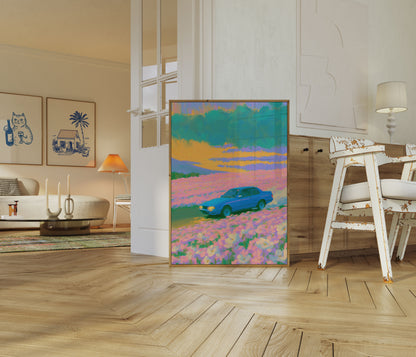 Blue Car Wildflower Field Poster