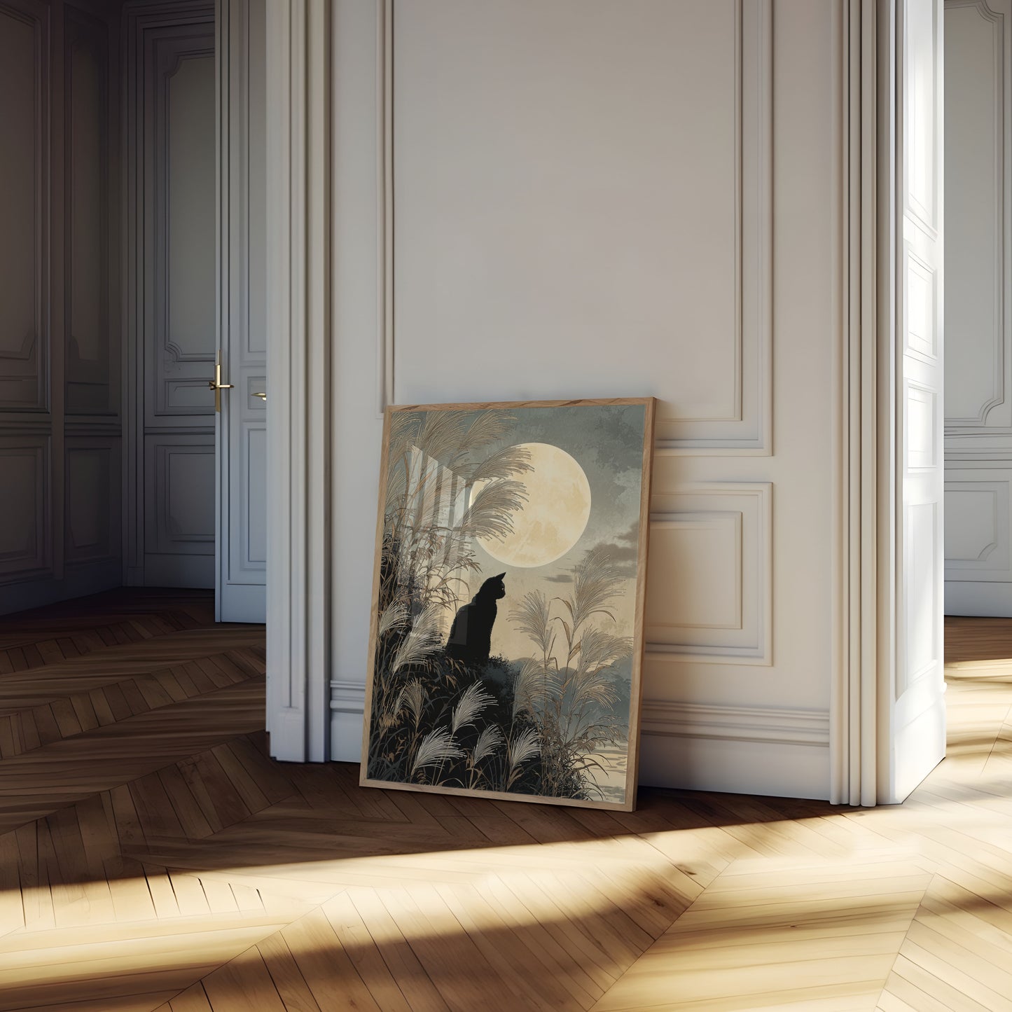 Cat Gazing at Full Moon Poster