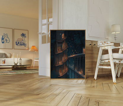 Medieval Tower Night Lights Poster