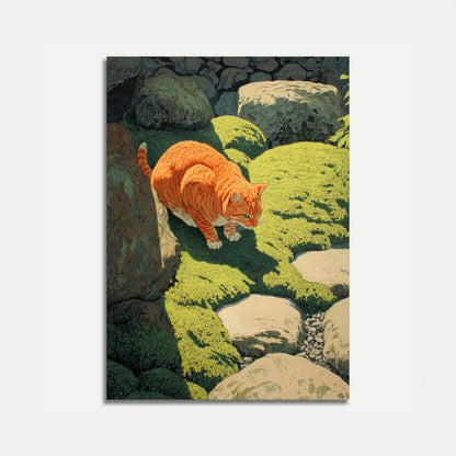 Póster de Gato Naranja Entre Rocas de Musgo