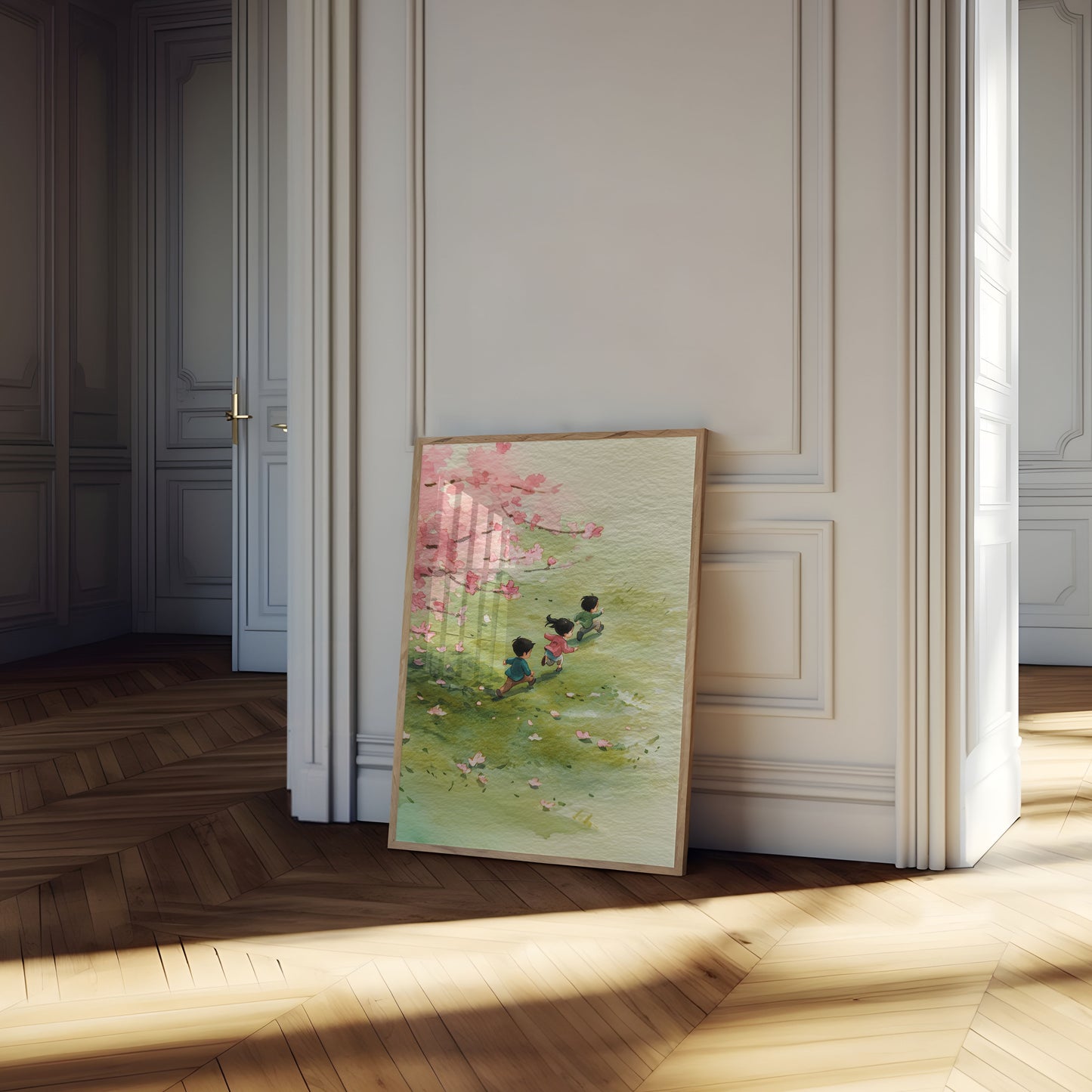 Kinderen spelen onder kersenbloesems poster