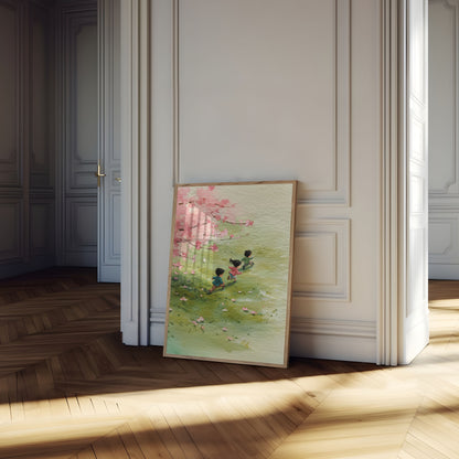 Kinderen spelen onder kersenbloesems poster