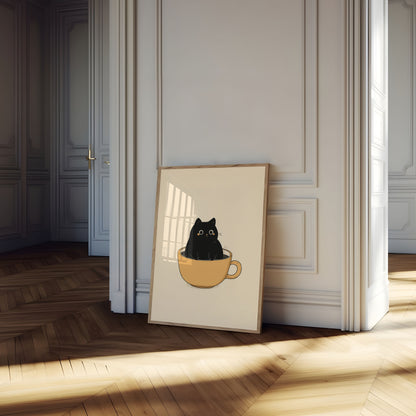 Black Cat in Coffee Cup Poster