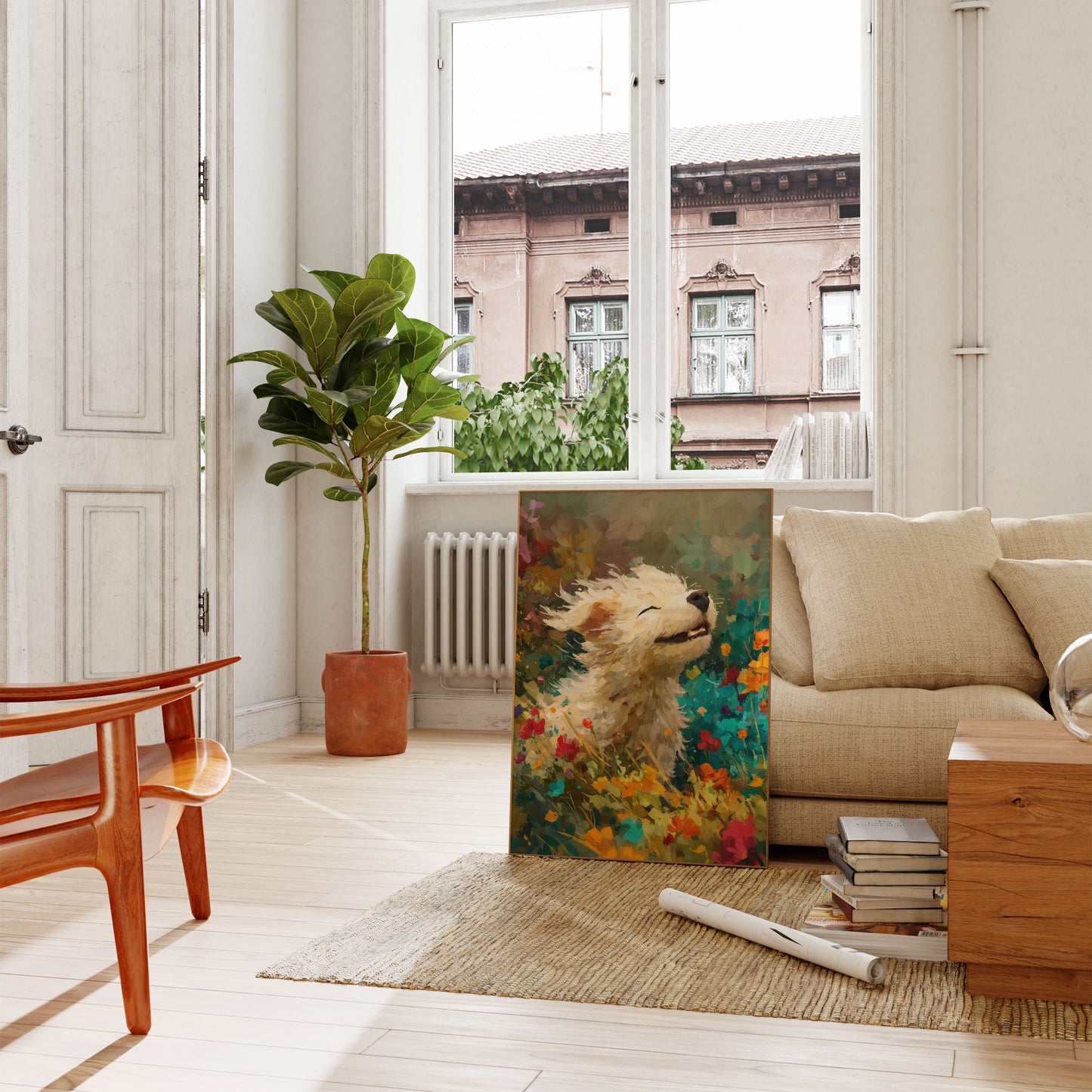 Pôster de Cão Feliz entre Flores Silvestres