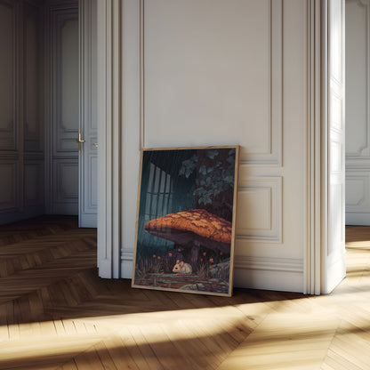 Mouse Under Mushroom Rain Poster