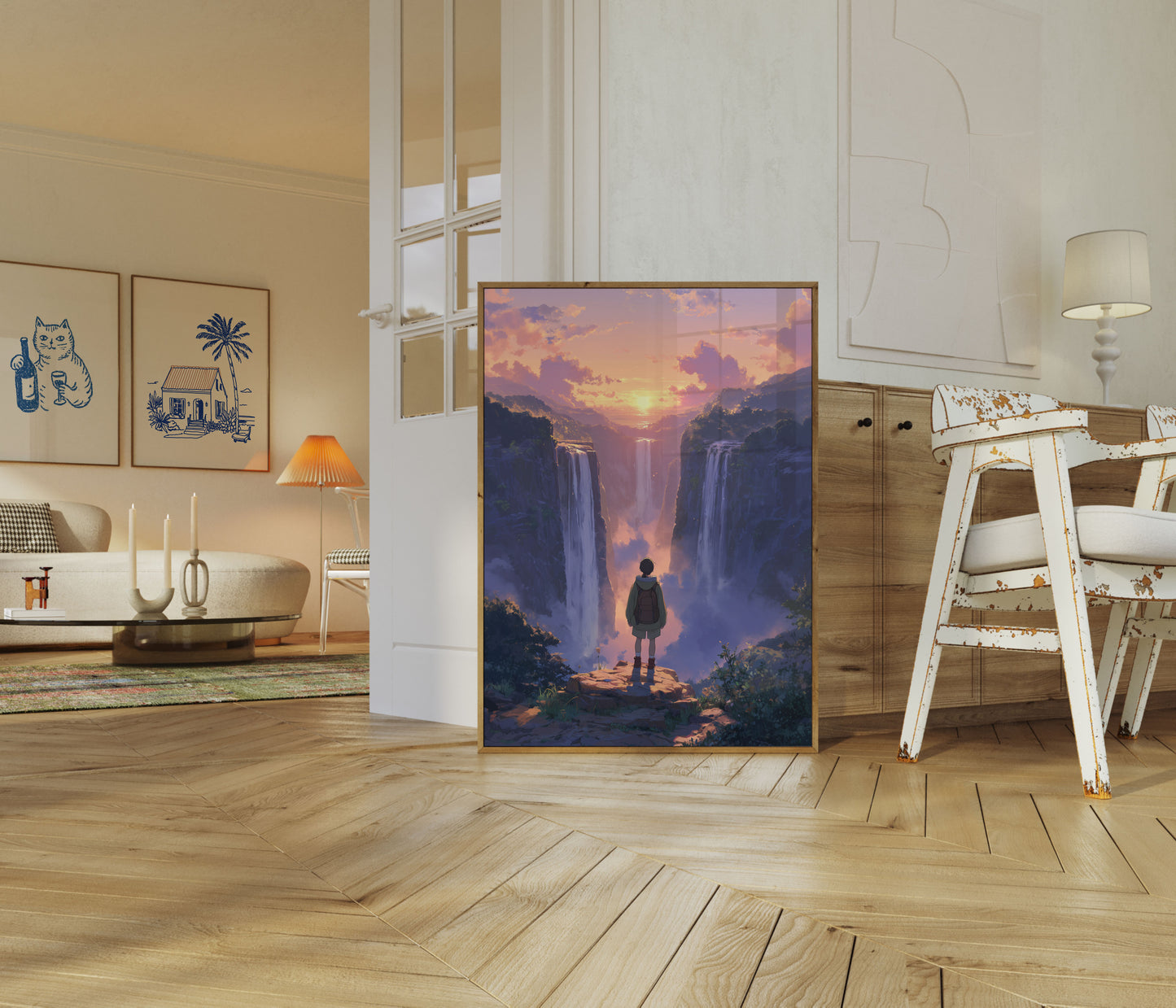 Äventyrare tittar på solnedgång vid vattenfallen Poster