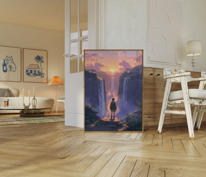 Äventyrare tittar på solnedgång vid vattenfallen Poster