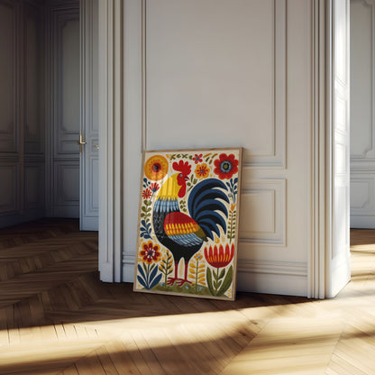 Rooster and Flowers Folk Art Poster