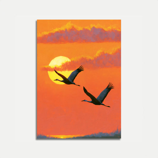 Grues volant au coucher du soleil - Affiche