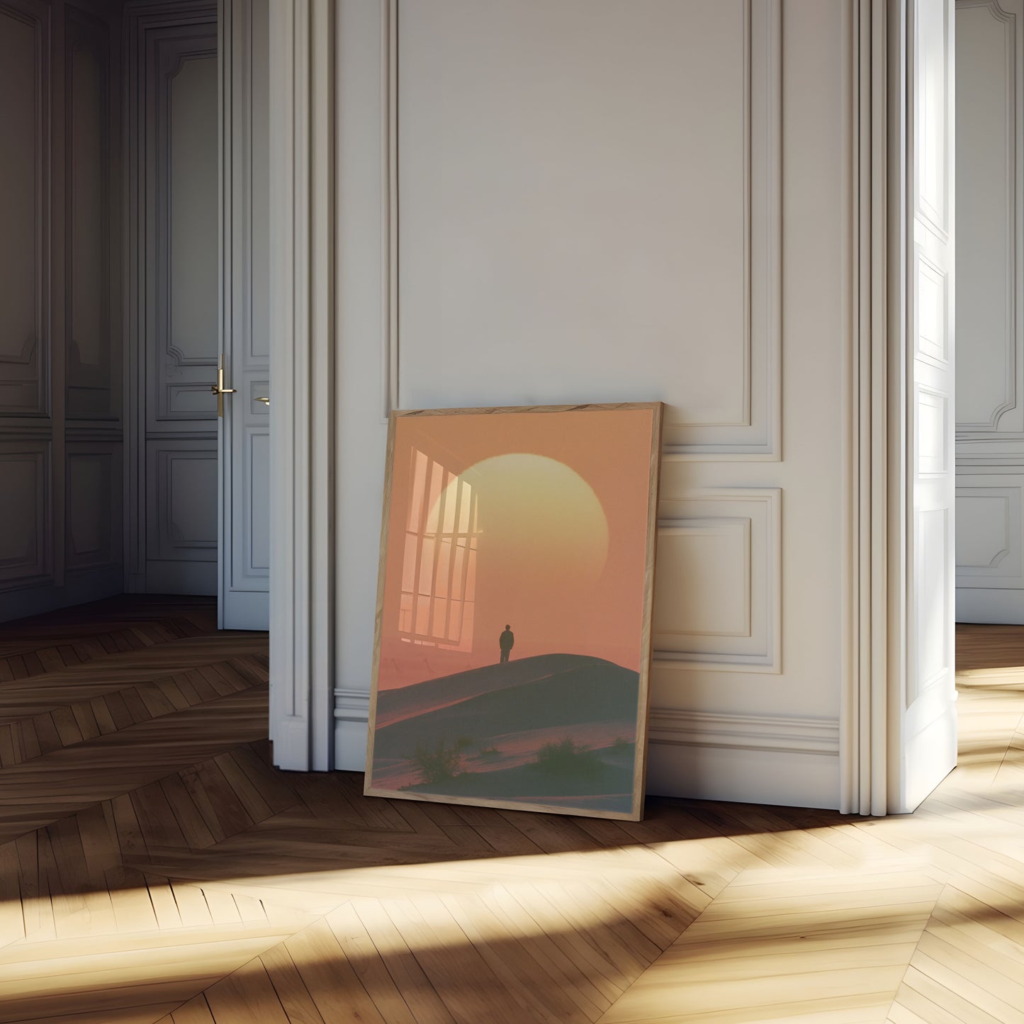 Wüsten-Sonnenuntergang-Poster mit einsamer Figur